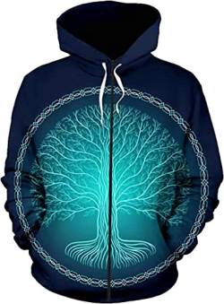 ALPTEC Wikinger Baum des Lebens Hoodies Yggdrasil Muster Neuheit 3D-gedruckter Hoodie Pullover Sweatshirt Jacke mit Tasche (Color : Zip, Size : XXL) von ALPTEC