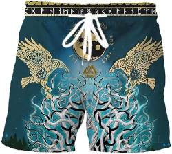 Viking Athletic Shorts mit Taschen, nordisches Rabenmuster, Strandshorts, Sommer, schnell trocknende Sportshorts, Badehose (Color : Raven A, Size : L) von ALPTEC