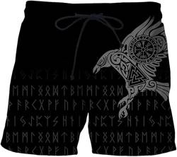 Wikinger-Badeshorts, Sommer-Strandshorts, nordischer Mythos, Fenrir, Wolf und Odin, Rabe, Tattoo, sportliche Shorts mit Taschen (Color : Raven, Size : XXL) von ALPTEC