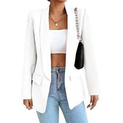 Damen Blazer Langer Casual Open Front Blazer Arbeit Büro Jacken mit Taschen Weiß M von ALSOGO