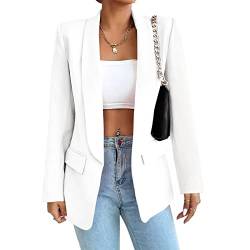Damen Blazer Langer Casual Open Front Blazer Arbeit Büro Jacken mit Taschen Weiß S von ALSOGO