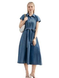 Jeanskleid Damen Sommer Kurzarm Blusenkleid Elegantes A-Linie Hemdkleid Sommerkleid mit Taschen Knopfleiste Blau L von ALSOGO