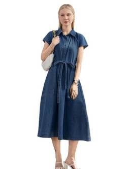 Jeanskleid Damen Sommer Kurzarm Blusenkleid Elegantes A-Linie Hemdkleid Sommerkleid mit Taschen Knopfleiste Tiefblau M von ALSOGO
