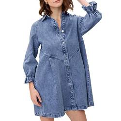 Jeanskleider Damen Blusenkleid Denim Babydoll Rock 3/4 Lange Ärmel Button Down T-Shirt Kleider Lose Hemdkleid Casual Jeanshemd Knielang Midikleid Shirtkleid Lang Tunikakleider Oberteil Blau XL von ALSOGO