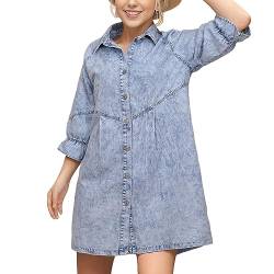 Jeanskleider Damen Blusenkleid Denim Babydoll Rock 3/4 Lange Ärmel Button Down T-Shirt Kleider Lose Hemdkleid Casual Jeanshemd Knielang Midikleid Shirtkleid Lang Tunikakleider Oberteil Hellblau M von ALSOGO