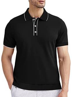 ALTAIREGA Herren Strick Poloshirts Baumwolle Kurzarm Casual Poloshirt Kragen Vintage Shirts mit 3 Knöpfen, A-Schwarz, XX-Large von ALTAIREGA