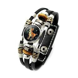 12 Constellation Leuchtendes Armband - Männer Frauen Paare Geburtstagsgeschenk Retro Punk Leder Perlen Sternzeichen Armreif,Charm Chic Schmuck Zeit Edelstein Armband Freundschaft Geschenke,Widder von ALTCIRNMD