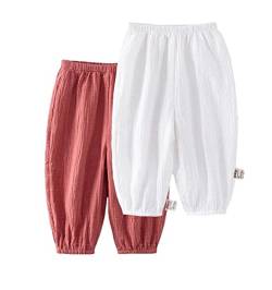 Baby leichte Lange Hose Anti-Moskito Bloomers Baumwolle Klimahose Jungen Mädchen Sommerhose 2er Pack(Rot-Weiß, 110-116) von ALUCIC
