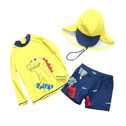 Jungen Badeanzug Bademode Zweiteiliger Gelb Langarm UV-Schutz Dinosaurier-Muster Bade-Set T-Shirt Badeshorts mit Badekappe (100CM) von ALUCIC