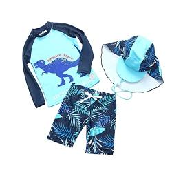 Jungen Badeanzug Bademode Zweiteiliger Langarm UV-Schutz Dinosaurier-Muster Bade-Set T-Shirt Badeshorts mit Badekappe (130CM) von ALUCIC