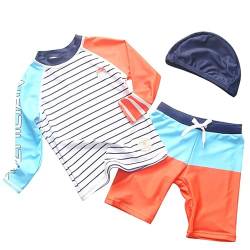 Kinder Jungen Baby Bademode Badeanzug Langarm UV-Schutz Streifen Bade-Set T-Shirt Badeshorts Schwimmkleidung Surfanzug mit Badekappe 104/110 von ALUCIC