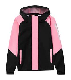 ALXHUTE Kinder Regenjacke Jungen Mädchen Jacke Frühling Übergangsjacke Wasserdicht Windjacke mit abnehmbarer Kapuze Schwarz Rosa DE: 122-128 (Herstellergröße 120) von ALXHUTE