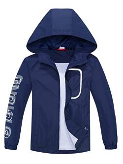 ALXHUTE Kinder Regenjacke Wassersäule Jungen Mädchen Übergangsjacke Frühling Jacke Funktionsjacke mit Kapuze Dunkelblau DE: 164-170 (Herstellergröße 170) von ALXHUTE