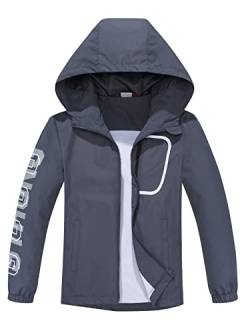 ALXHUTE Kinder Regenjacke Wassersäule Jungen Mädchen Übergangsjacke Frühling Jacke Funktionsjacke mit Kapuze Grau DE: 140-146 (Herstellergröße 140) von ALXHUTE