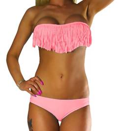 ALZORA Bikini Damen Tassel Fransen Fringe Push Up Set Top und Hose, 10200 (L, Lachsfarben) von ALZORA