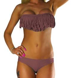 ALZORA Bikini Damen Tassel Fransen Fringe Push Up Set Top und Hose, 10200 (S, Braun) von ALZORA