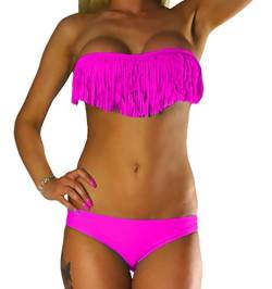ALZORA Bikini Damen Tassel Fransen Fringe Push Up Set Top und Hose Pink, 10485 (L) von ALZORA