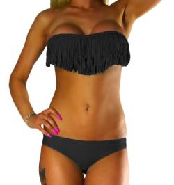 ALZORA Bikini Damen Tassel Fringe Push Up Set Top und Hose, 10200 (XS, Schwarz) von ALZORA