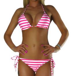 ALZORA Neckholder Damen Bikini Set Top und Hose pink Weiss Streifen, 10183 (XS) von ALZORA