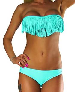 ALZORA Neckholder Damen Bikini Set in TÜRKIS Fransen Tassel Fringe Bandeau Push Up Top und Hose, 20060 (L) von ALZORA