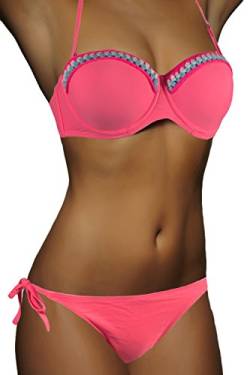 ALZORA Push Up Bandeau Bikini Set Damen Pushup Badeanzug inkl. Träger und Spitze viele Farben und Größen Top + Hose Set, 8001 (XS, Neonpink/Koralle) von ALZORA