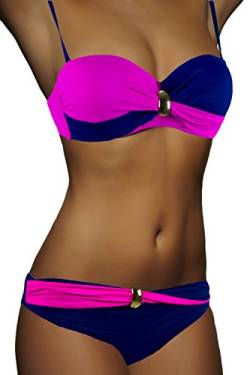 ALZORA Push Up Bandeau Twist Bikini Set Damen Pushup Badeanzug inkl. Träger viele Farben und Größen Top + Hose Set, 8000 (S, Dunkelblau-Pink) von ALZORA