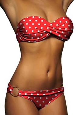 ALZORA Push Up Front Twist Bikini Bandeau Top Set Damen Pushup Badeanzug Rot Weiß Punkte, 20008 (XS) von ALZORA