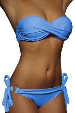 ALZORA Push Up Front Twist Bikini Blau Bänder Bandeau Top Set Damen Pushup Badeanzug, 20020 (L) von ALZORA