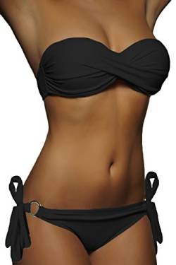 ALZORA Push Up Front Twist Bikini Schwarz Bänder Bandeau Top Set Damen Pushup Badeanzug, 20020 (S) von ALZORA