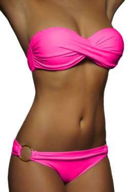 ALZORA Push Up Front Twist Bikini in NEONPINK Neon Pink Bandeau Top Set Damen Pushup Badeanzug, 20036 (XS) von ALZORA