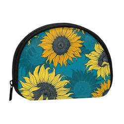 Gelbe Sonnenblumen auf blauem Hintergrund, Brieftasche Shell Make-up Tasche Frauen Aufbewahrungstasche Kleine Geldbörse Shell Wechseltasche von ALZVULG