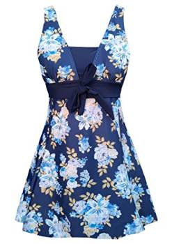 AMAGGIGO Damen Neckholder Push up BadekleidFigurformender Bunt Badeanzug mit Röckchen Bauchweg Einteiliger Badekleid（Blue Rose，Größe 42 (XL)） von AMAGGIGO