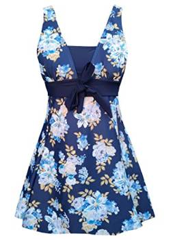 AMAGGIGO Damen Neckholder Push up BadekleidFigurformender Bunt Badeanzug mit Röckchen Bauchweg Einteiliger Badekleid（Blue Rose，Größe 50 (5XL)） von AMAGGIGO