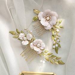 AMAXRcsy Haarschmuck für Braut und Brautjungfern, wunderschönes handbemaltes Braut-Haarkamm-Set mit Blumenmuster, grünes Blattstück, Haarschmuck für Hochzeit, Abschlussball und Brautjungfer, Seitenkämme für von AMAXRcsy