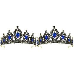 Haarnadel 2 Stück Damen Requisiten Hochzeit Braut, Band schwarze weibliche Tiara, Tiara und Braut Mädchen Performance Kronen, Kleid für juwelenbesetzte Frauen, blauer Vintage-Kristall zum Geburtsta von AMAXRcsy