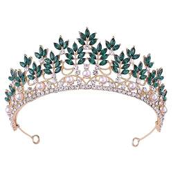 Handgefertigte Luxus-Strass-Perlen-Braut-Tiara, Krone, Kristall-Diadem, Schleier-Tiaras, Hochzeit, Haarteil, Haarreifen (Metallfarbe: Champagner) (Goldgrün) von AMAXRcsy