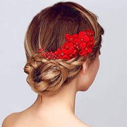 Hochzeits-Haarschmuck für die Braut und Brautjungfer, Braut-Haarkamm mit Perlen, Haarschmuck aus Kunststoff mit weißen und roten Blumen, Haarkamm, Seitenkämme für Hochzeit oder Abschlussball für Fra von AMAXRcsy