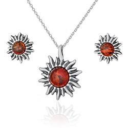 AMBEDORA Silber Damen-Set Kleiner Sonnenschein, Sterling Silber 925, Baltischer Bernstein in Cognac, Anhänger mit Ankerkette und Ohrringe, Fertiges Set für ein Geschenk von AMBEDORA