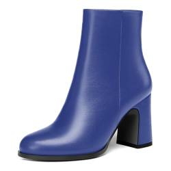 AMBELIGHT Damen Nubukleder Reißverschluss Dress Business Ankle High Runde Zehenkappe Festkörper Block High Heel 3.3 Inch Stiefel Royal Blue Größe 39 von AMBELIGHT