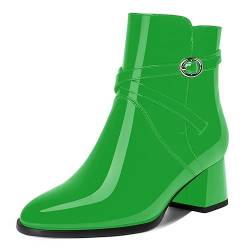 AMBELIGHT Damen-Stiefel mit runder Zehenpartie, Lack-Schnalle, Knöchelriemen, klobiger niedriger Absatz, 5,1 cm, grün, 38.5 EU von AMBELIGHT