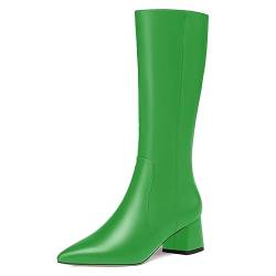 AMBELIGHT Damen Stiefel mit spitzem Zehenbereich, solide, lässig, Outdoor-Reißverschluss, matt, klobig, niedriger Absatz, wadenhoch, 5,1 cm, grün, 41 EU von AMBELIGHT