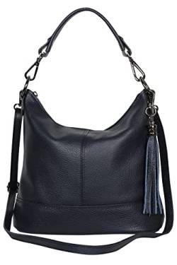 AmbraModa GLX09 - Damen Handtasche Schultertasche Beutel aus Echtleder (Dunkelblau) von AMBRA Moda