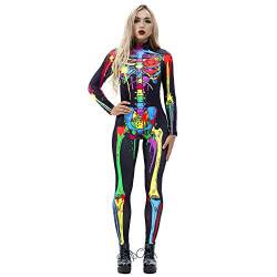 AMCYT Halloween Kostüm Damen Skelett Overall 3D Print Langarm Skinny Skeleton Catsuit Cosplay (Damen1,L) von AMCYT
