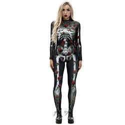 AMCYT Halloween Kostüm Damen Skelett Overall 3D Print Langarm Skinny Skeleton Catsuit Cosplay (Damen3,S) von AMCYT