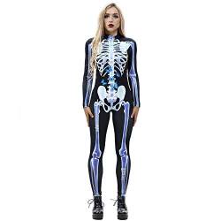 AMCYT Halloween Kostüm Damen Skelett Overall 3D Print Langarm Skinny Skeleton Catsuit Cosplay (Damen4,L) von AMCYT