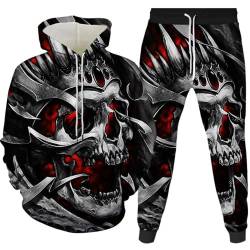 AMCYT Winteranzug Totenkopf Herren 3D Kapuzenpullover Zweiteiliges Set Skull pattern Hoodie und Hose Herren Trainingsanzug Jogginganzug (Herren 1,3XL) von AMCYT