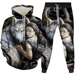 AMCYT Wolf Muster Herren Trainingsanzug Sporthose+Hoodie Hoodie-Sporthose Zweiteilige Herren Jogginganzug Sportanzug Sporthose+Hoodie (Wolf1,M) von AMCYT