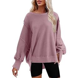 AMDOLE Batik Pullover Damen Übergroßes Damen-Sweatshirt mit Rundhalsausschnitt, einfarbig, Seitenschlitz, langärmlig, Pullover, lockere Passform Daunenjacke Damen Winter Schwarz Warm Ohne (Pink, M) von AMDOLE