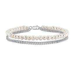AMDXD Armband 925er, 925er Silber Armreifen Freundschaftsarmbänder Doppel Ketten mit Perlen, Silber Armbänder Damen Verstellbar Perlenarmband, 20CM von AMDXD