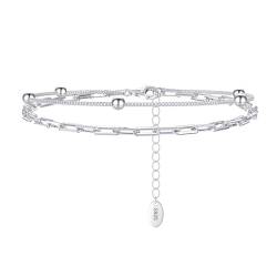 AMDXD Armreif 925 Damen, 925 Sterling Silber Freundschafts Armband Armreif Doppelschicht Ketten mit Kugel, Silber Armbänder Damen, 21.5CM von AMDXD